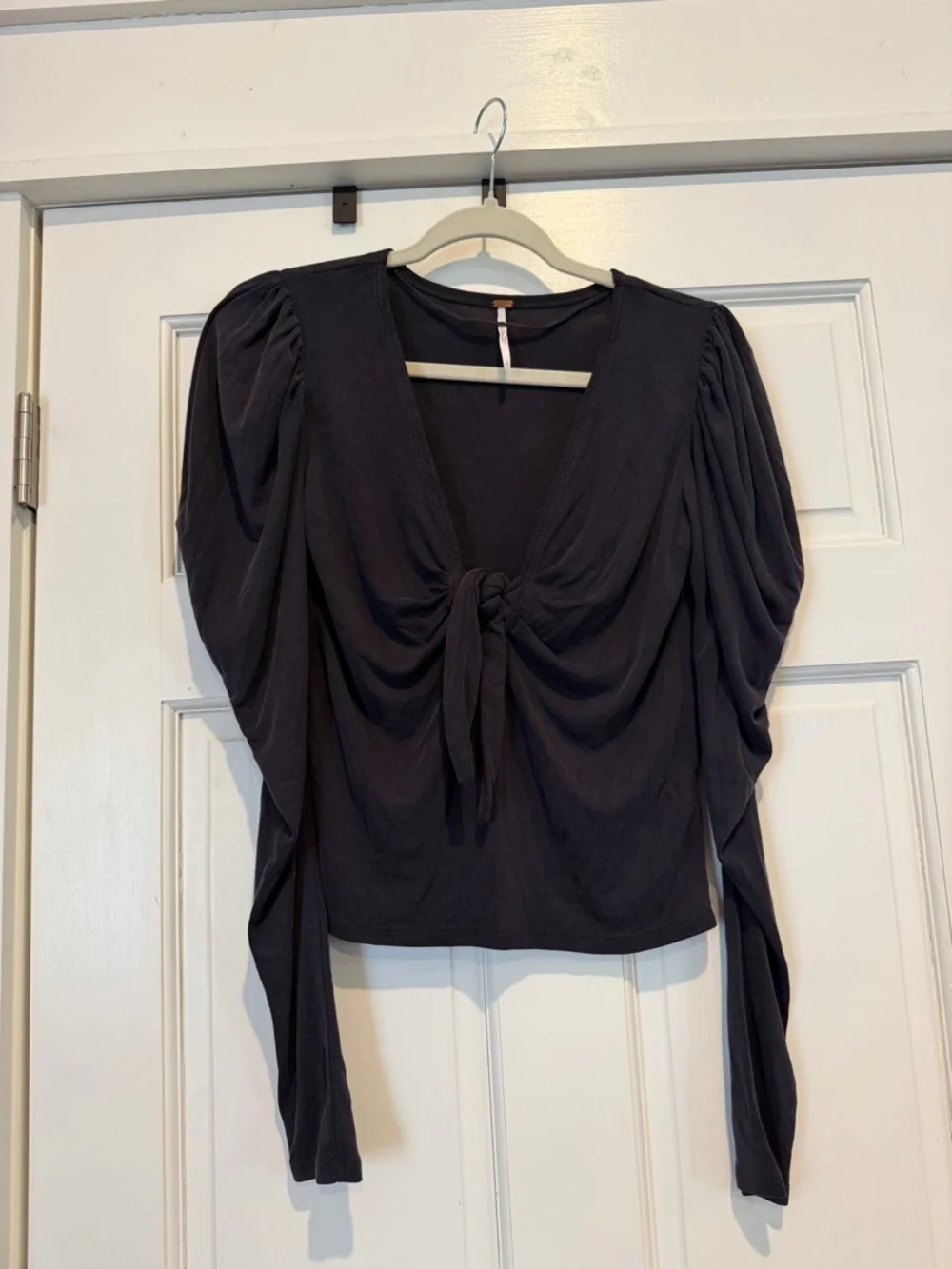 Free People Black Tie-Front Puff Sleeve Top